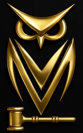 Logotipo de MVV: búho dorado con mazo